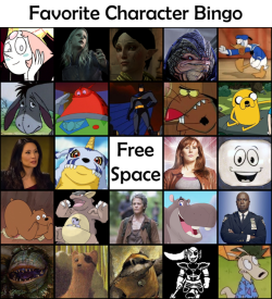 I did one of those favorite character bingo cards I keep seeing floating around. I’ve been tinkering with it for a few days, swapping characters in and out, and if I don’t just post it I’ll be editing it forever so here it is. Just know this isn’t