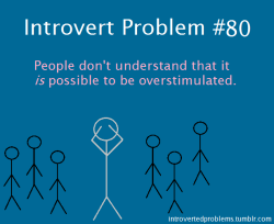 introvertedproblems:  Suggested by sglad7.   Not just pure introverts either.  Introvert/Extroverts also have this.  We just also have the problem that it&rsquo;s possible to be under-stimulated too.  