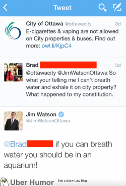 omg-pictures:  Mayor of Ottawa roasts a kid who thinks he is smart   lol  Not to mentioned its banned because not everyone likes vapour in their face.  It has a mild acrid smell.  Also while it is much healthier than smoking&hellip; it still has chemicals