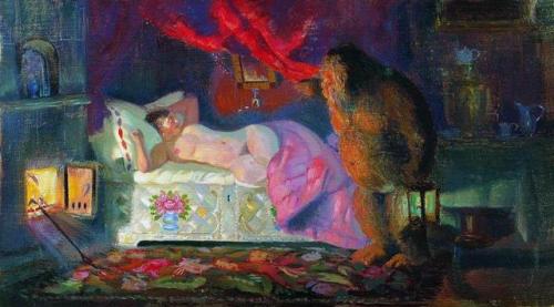 escorpiano:russianfolklore:“Domovoi Peeping at the Sleeping Merchant’s Wife” by Boris Kustodiev. (19