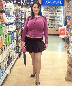 funbaggery:  In narrow aisles she clears shelves on both sides with her tits.