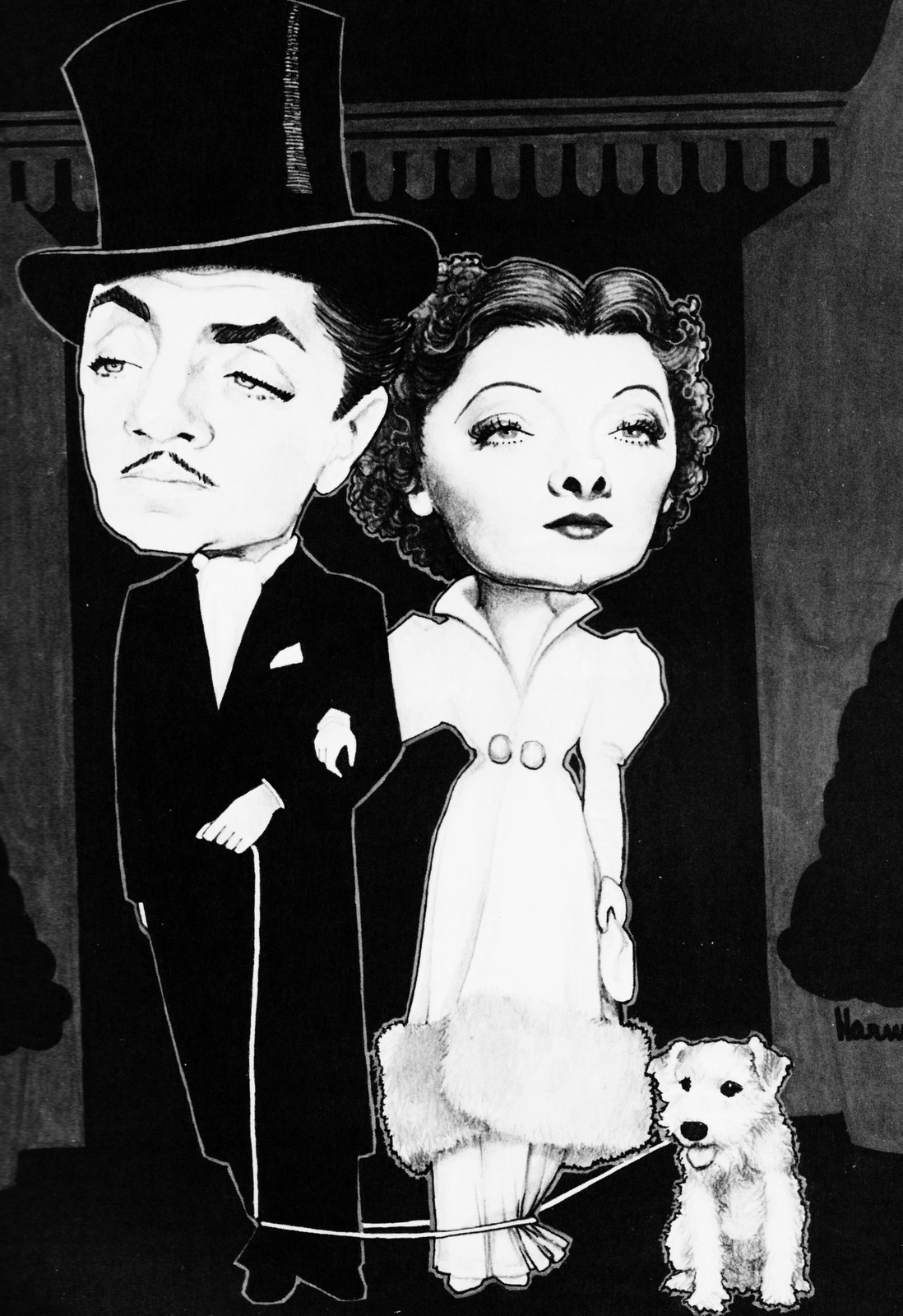 Illustration of William Powell, Myrna Loy and Asta in THE THIN MAN by legendary caricature artist Bob Harman.