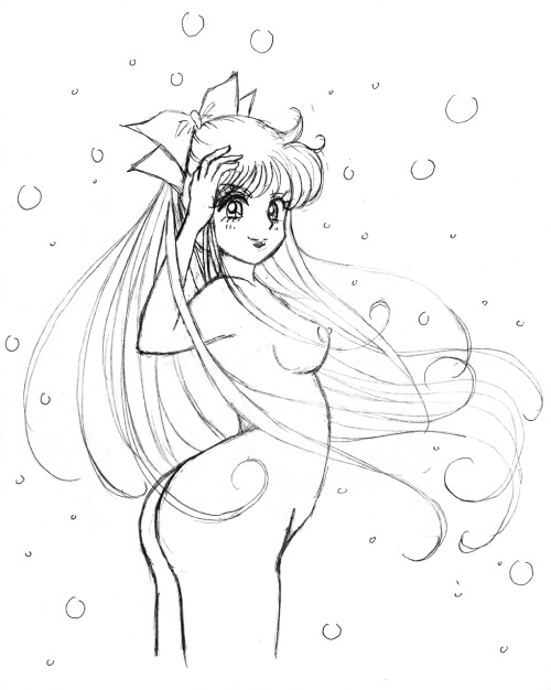 ribbonchocolate:  A pencil sketch of a nude Minako. Practiced drawing a more difficult pose, and it 