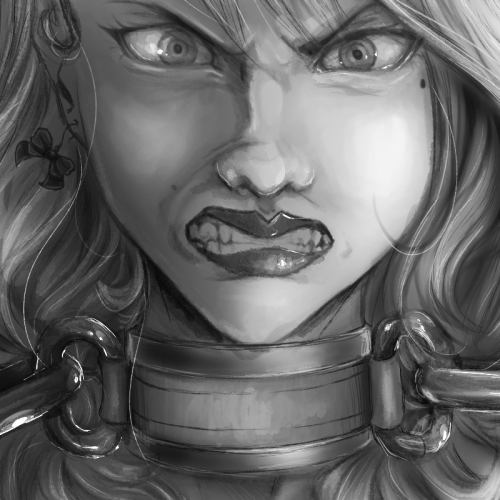 Snarl, Dahlia. A panel on the current comic page I’m working on, cropped.