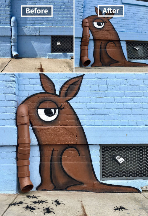 genatrius:  fluffy-critter:   edensmidian:  pr1nceshawn:    Street Art: Before & After.  I love these…..  Chaotic Good   My favorite part is that these are going to be someone’s neighborhood landmarks. “Turn left at the saxaphone player,”