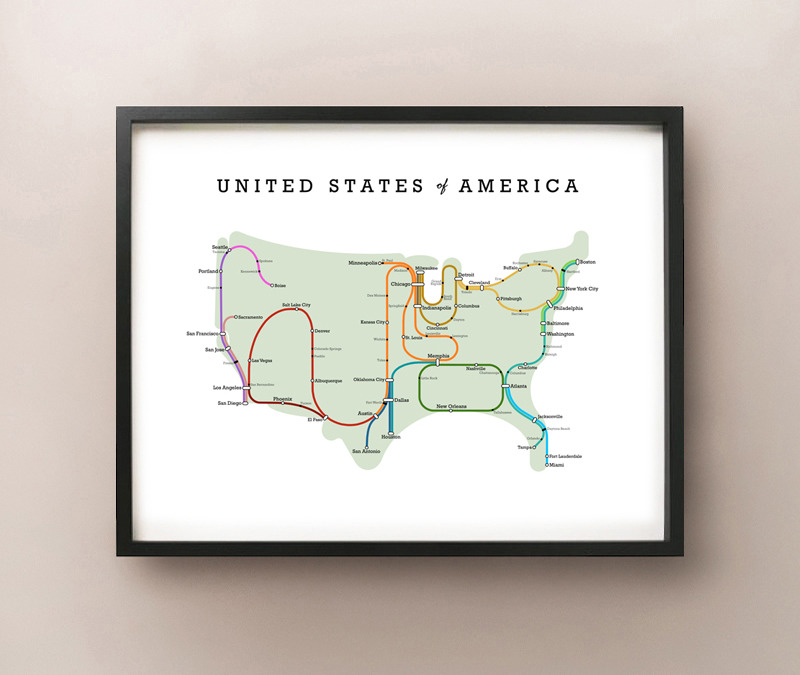 Fictional subway style map of the USA by CartoCreative
https://www.etsy.com/listing/220615404/united-states-map-metro-subway-style-usa