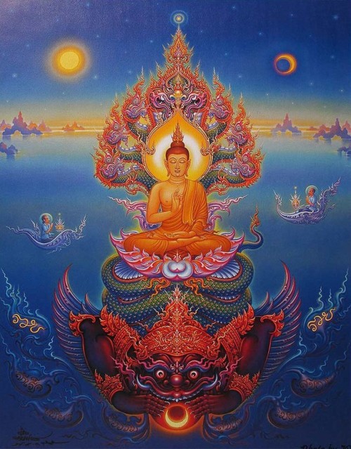 Buddha over Rahu, thai painting