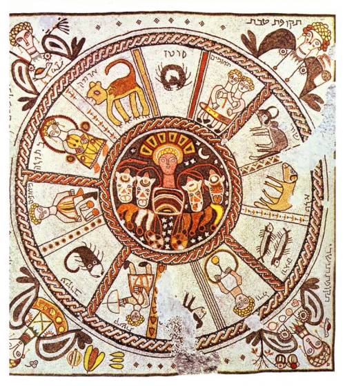 Sol Invictus, the Unconquered Sun, surrounded by the signs of the zodiac 6th century CE mosaic, disc