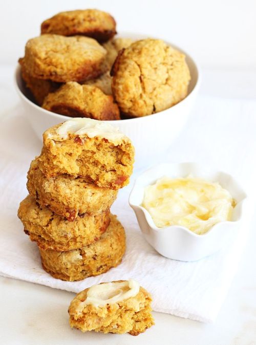 Whole wheat sweet potato bacon biscuits with honey butter