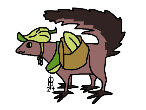 A purplish quadruped with a reptilian eye, flat four-toed feet that look somewhat avian, and a squirrel-like tail held over its body. The underside of the tail, pointing upwards in its current position, is black. The creature is wearing a hat made from a leaf tied to its head. Another item of clothing, possibly also made from leaves judging by the color, encircles its neck and shoulders like a thick scarf. Hanging from it like a saddlebag is a small pouch containing exactly one grain of wheat.