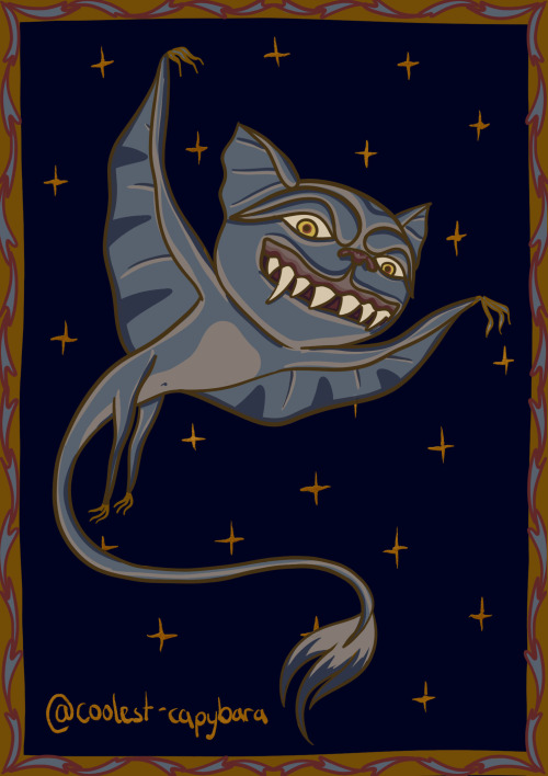 A digital drawing of an ornate frame surrounding a light blue creature leaping through the air towards the viewer. Its head resembles that of a cat, its eyes and teeth brighter than the rest of the drawing. Its body resembles a flying squirrel, with white and darker blue patterns. It has a little tuft of fur at the end of its tail. The background is dark blue and covered in stars.
