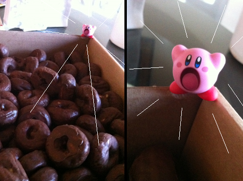 iuliathe3rd:    Man, that’s a lot of donuts. What are we gonna do with all these?  Hmm?  Oh, hey! It’s Kirby! What are you doing here, Kirby? …. oh. Oh no. Kirby, no.  kIRBY NO  STOP THAT RIGHT NOW, MISTER  Oh, don’t give me that look. 