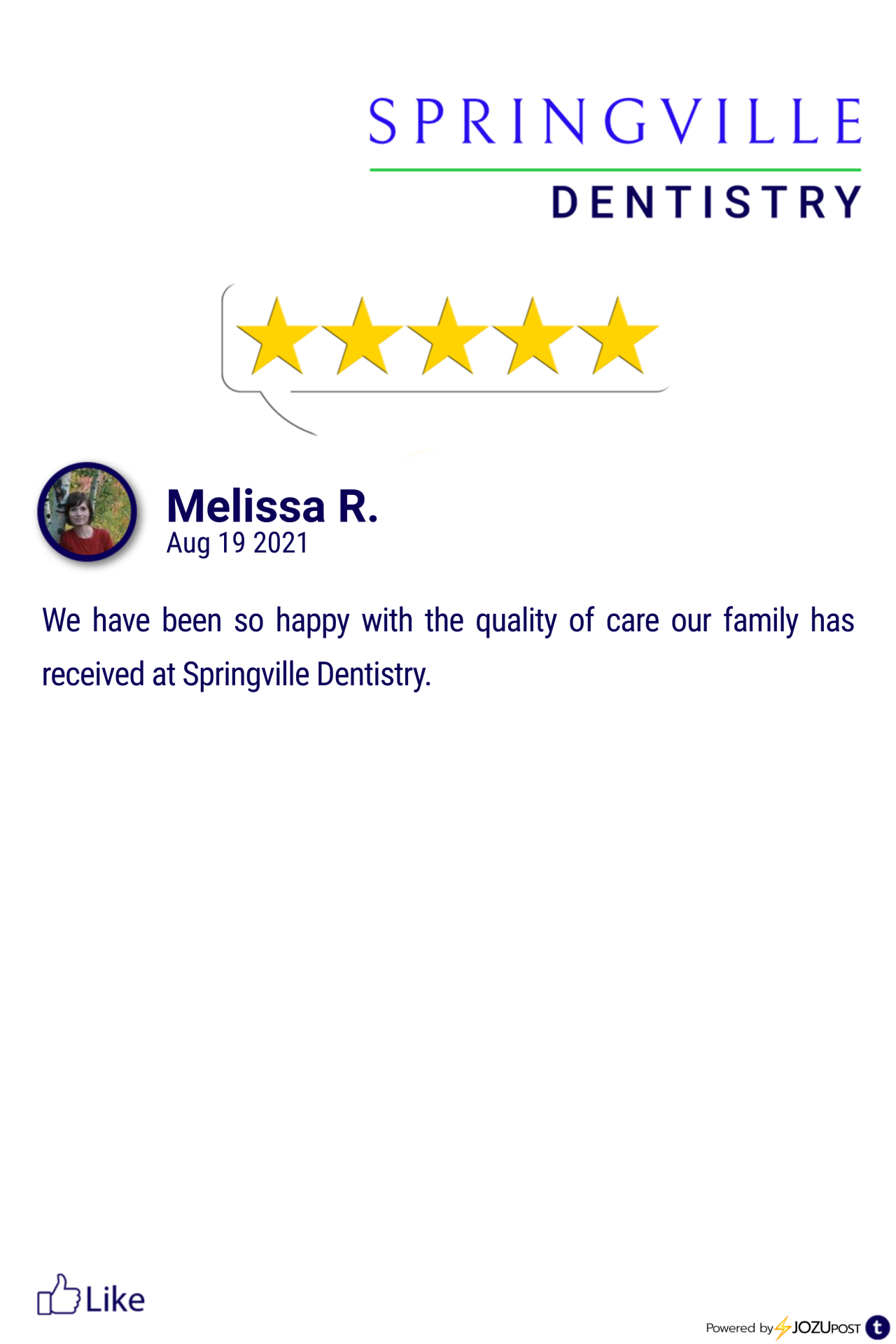 We appreciate our patients!
Here is our latest Five-Star Review from Melissa R. We love to recognize those patients that take the time to fill out a review and let us know how we are doing.
Here is what Melissa R. had to say: “We have been so happy...