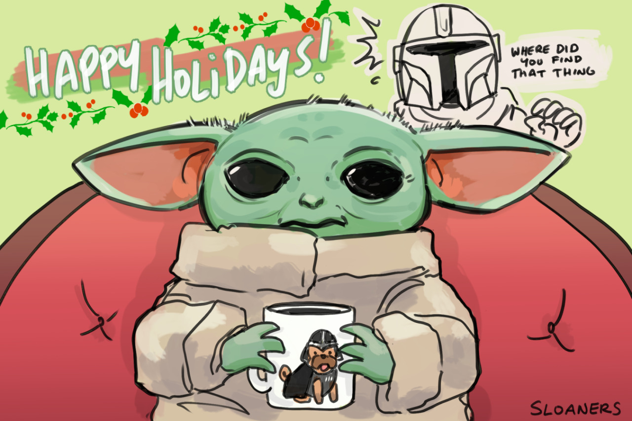 my terrible amazing star wars holiday card!!  made for a fan of baby yoda and pugs, so there :V