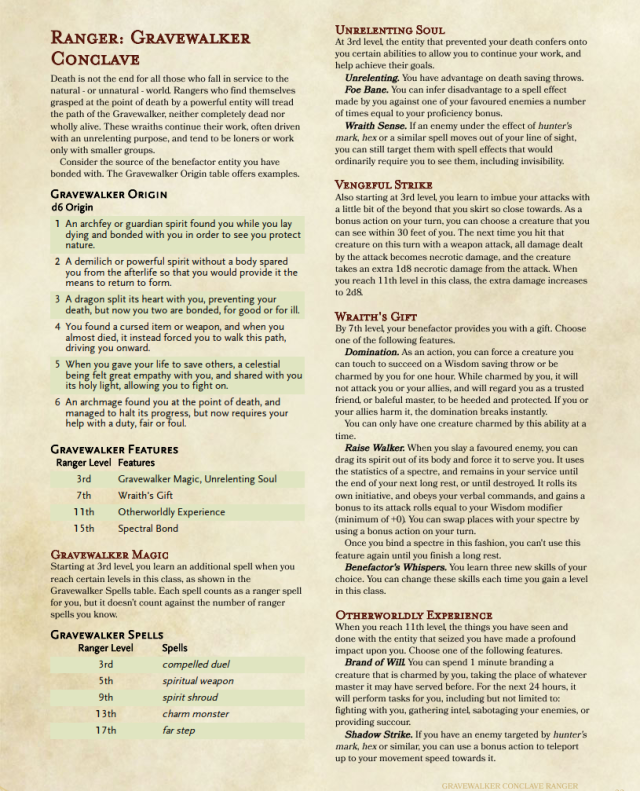 An image of the first page of the Gravewalker ranger subclass, featuring origins and several features. The full version can be found in the link in the text below.