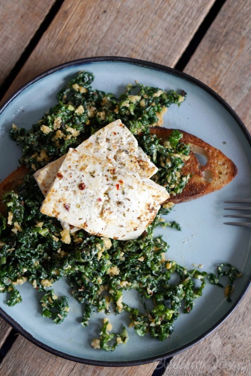 tangy cavolo nero salad with fried tofu on sourdough