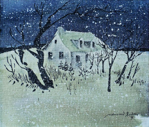 The Haunted House   -   Hudon Normand, 1978.Canadian 1929 - 1997Acrylic on panel , 12 x 14 in.
