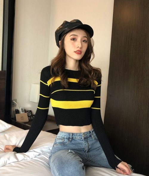 Long Sleeve Striped Boat-Neck Cropped Knit Top