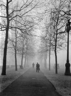 m3zzaluna:  a quintessential london winter scene with pedestrians strolling down the mall towards buckingham palace, which remains hidden from view by the mist, 1962 photo by evelyn hofer, from london: portrait of a city by reuel golden; p. 352-353