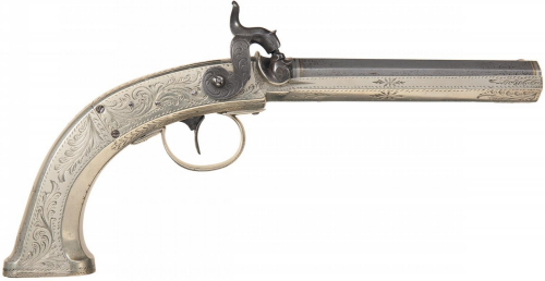 Elaborately engraved percussion pistol with German silver stock, forearm, and sights.  Marked&n
