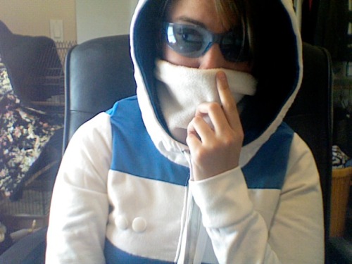 lampfaced:  OOPS I MADE A TAILGATE HOODIE AND DUG UP MY BLUE LAB GOGGLES AND A WHITE FLEECE NECKWARMER  AND THESE HAPPENED I’m sorry I’ve been working on this hoodie for longer than I’d like to admit and it’s been a pain because I have no sewing