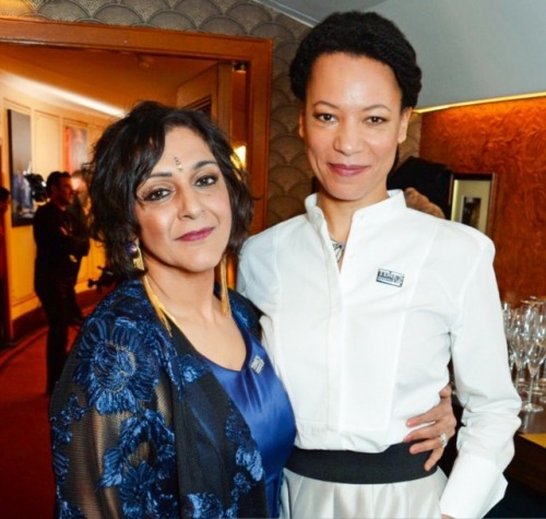 Nina with Meera Syal backstage in the press room during The Olivier Awards at the Royal Albert Hall 