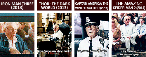 moshmaster-david:  imaginegeekdoms:  stephrc79:  dehaanradcliffe:  All of Stan Lee’s Marvel film cameos (updated!)  Always reblog the creator  I love Stan Lee so damn much.  He might as well be The Watcher! 