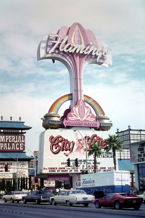 vintagelasvegas:Las Vegas, December 1982. Imperial Palace, Flamingo and a Ferrari 308. Photo by Chri
