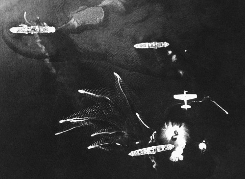 Aircraft of the United States Navy attack Japanese cargo ships. Bougainville, Solomon Islands. 9th o