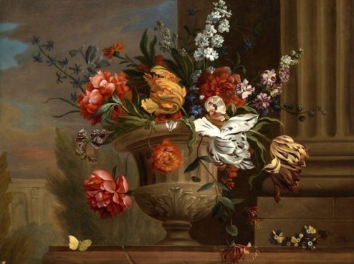 Jakob Bogdany (1660 - 1724)A floral bouquet in a stone vase with relief work before an architectural