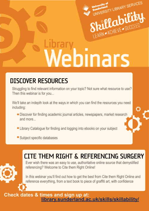 Library webinars are designed for students who are studying away from Sunderland, so whether you&