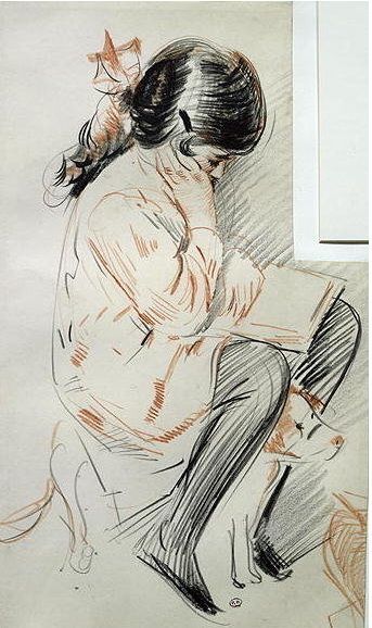 Paulette Reading Sitting on her Toy Dog -  Paul César Helleu impressionismdrawing