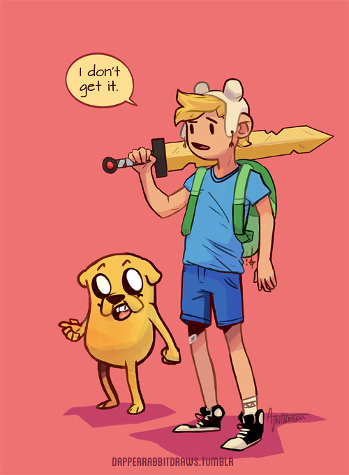 dapperrabbitdraws:  I just know that Jake tells dirty jokes that Finn completely misses. [ Buy from my store ] 