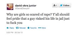 captain-hemmo:  iamanantichrist:  a-sarcastic-feminist:  ssjdebusk:  whatshehassaid:  smellslikegirlriot:  This is rape culture  That is fucked up  Why are people so scared of murder? Y’all should feel pride that someone risked life in jail just to