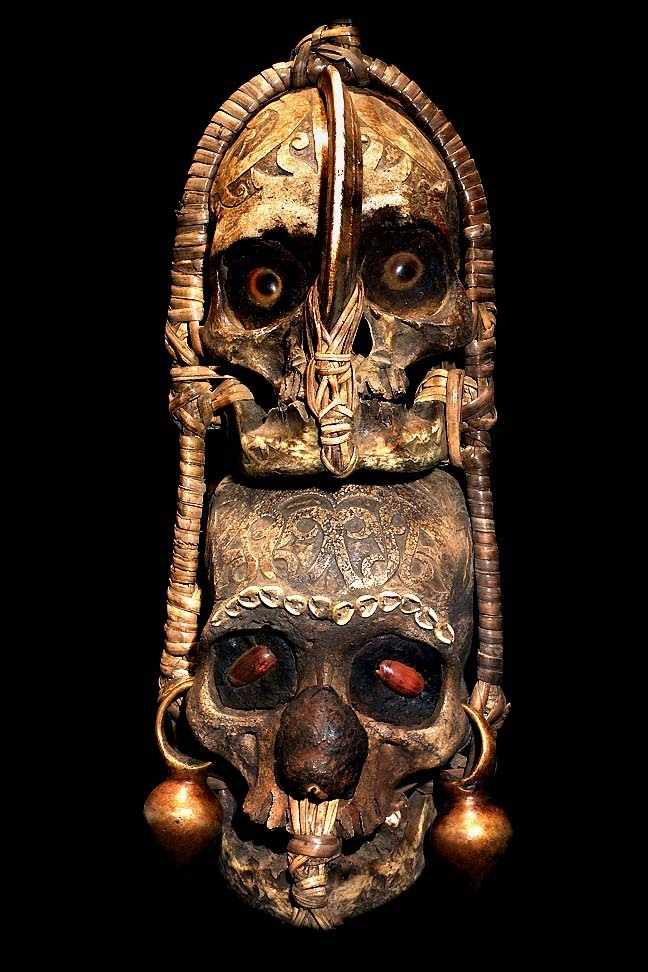 DAYAK  TRIBE: HUMAN HEADHUNTING TROPHY SKULLS #34TWO HAND CARVED HUMAN SKULLS, SHELL,