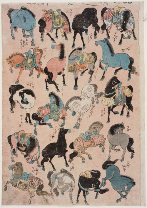 heaveninawildflower:‘An Assortment of Horses of Various Colours’ (Japanese,1847–52). Woodblock print