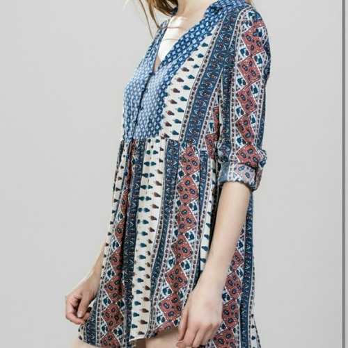 PRINT CONTRAST BUTTON UP LONG SLEEVE DRESS WITH ROLL UP SLEEVE NO TRADES  NO HOLDS  PRICE IS FIRM  N