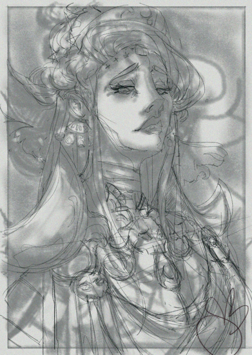 Nyx portrait WIP. Basically blew up the value thumbnail and then drew a sketch over it. Just need to