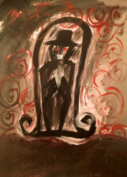 hallucinajennyrottenriguez:  “Always Waiting” Acrylic on canvas paper -Jennifer Rodriguez  I included a video featuring stories from Reddit about experiences with the “Hat Man”.  I’ve always suffered with Sleep Paralysis since I was small.