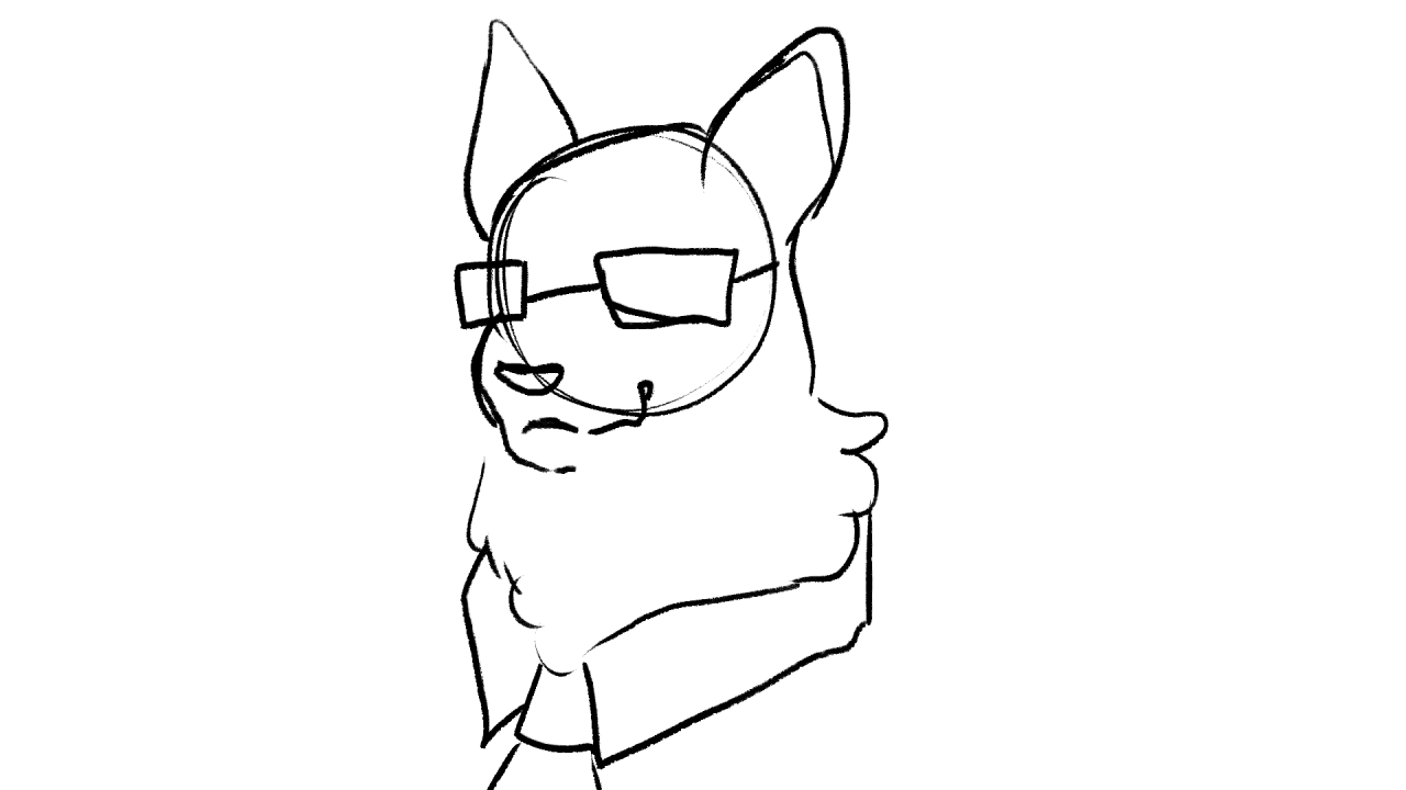 A doodle of Gordon Freeman but he is a dog, specifically a cross between Kintamani Bali and an Ajak. He is wearing glasses and smiling and he has a fluffy neck.