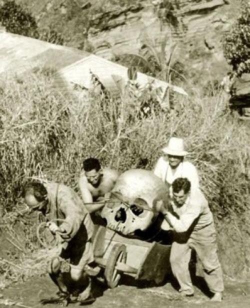 Pitcairn Island, New Zealand - 1934. Local farmers are trying to hide pieces of a giant skeleton found near ‘Christians cave’. Three of the men were later found dead under strange circumstances. The forth man disappeared soon after this photo