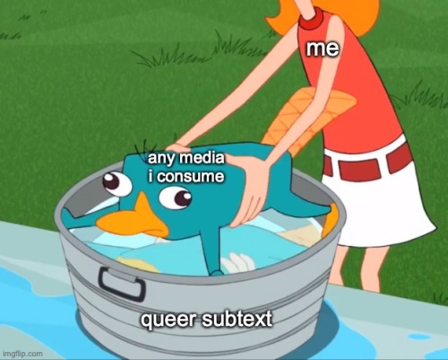 [ID: The perry bath meme. A platypus, labelled “any media I consume”, tries to stop a girl, labelled