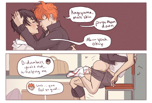 reallycorking:  The nsfw sequel (that literally no one asked for, lmao) to the kagehina third-year captains comic, in which, after years of unresolved sexual tension, they finally go for it. I like to think that once it happens, it would happen r e a