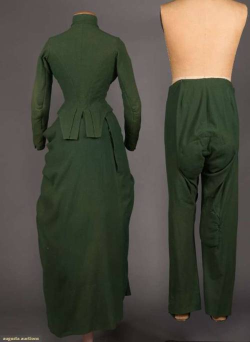 nonasuch:historicaldress:WOMENS DARK GREEN RIDING HABIT, MID 1880sCirca 1885 womens 3-pc wool knit r