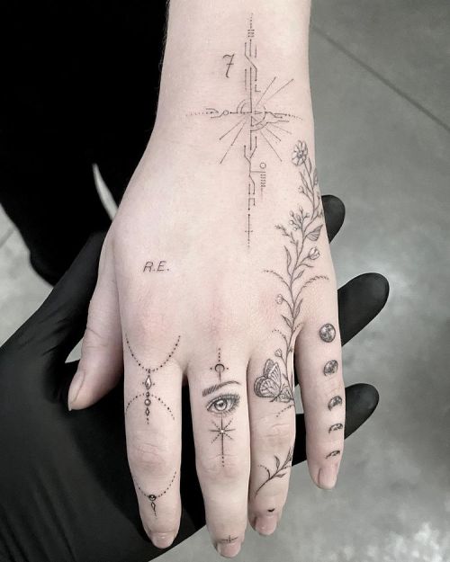 ig: mr.k_tattoo butterfly;dots;eye;geek;hand;moon;numeral;star