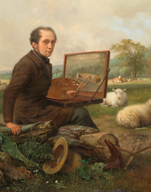 The Artist Painting a Cow in a Meadow (detail) by Hendrikus van de Sande Bakhuyzen, 1850.•Follow: In