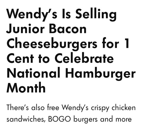 Hey All My Food Insecure And Tight Budget Folks Out There, Wendy's Will Be Doing 1 CENT Hamburgers May
