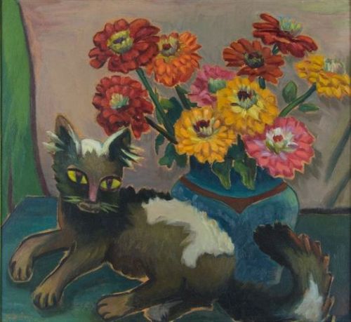 myfairynuffstuff:Maggie Laubser (1886 - 1973) - Still Life with Cat and Flowers. 1936. Oil on board.