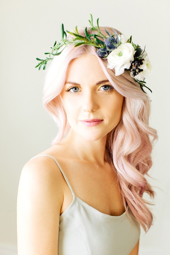 modcloth:  Rose gold hair + the perfect bridal floral crown via Glitter Inc. 
