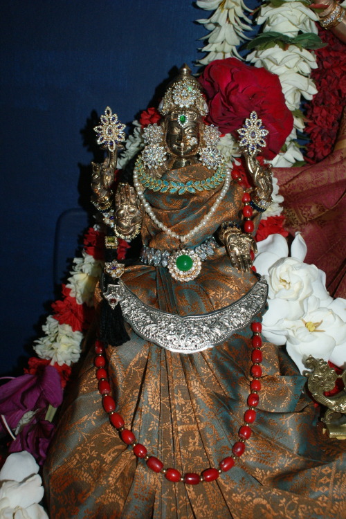 Durga Puja alamkaram, Vishnu as Vishnu-Durgai with Lakshmi and Saraswati at my household shrine.